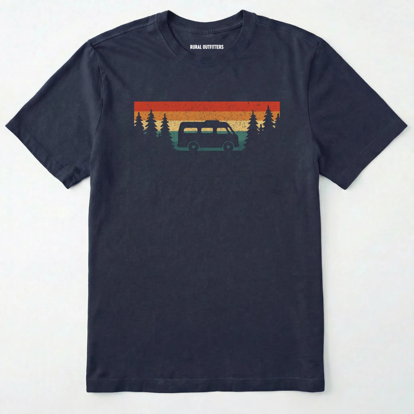Navy retro camp shirt featuring forest silhouette and van design on a white background