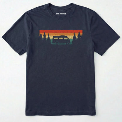 Navy retro camp shirt featuring forest silhouette and van design on a white background