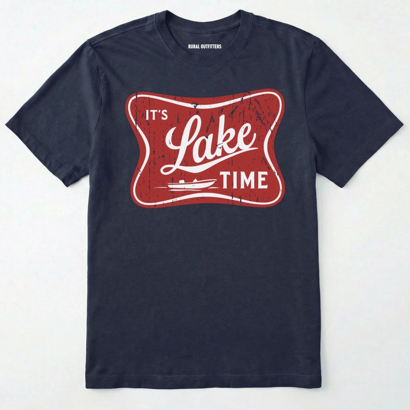 Navy lake t-shirt with retro ⊜it⊙s lake time⊝ graphic, featuring a red vintage lake badge design, nature-themed on a white background.