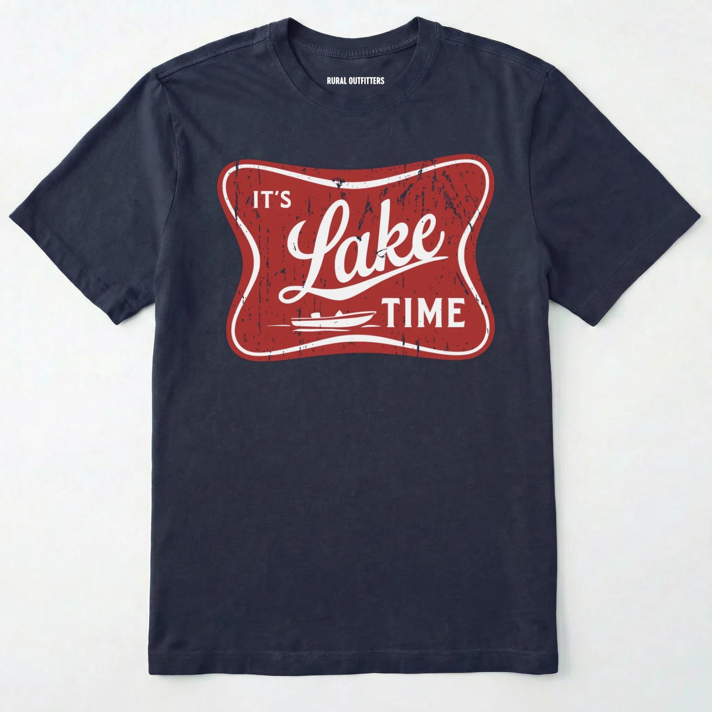 Navy lake t-shirt with retro ⊜it⊙s lake time⊝ graphic, featuring a red vintage lake badge design, nature-themed on a white background.