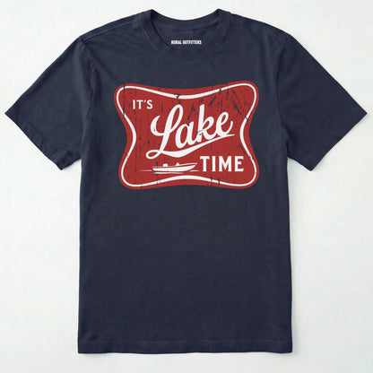 Navy lake t-shirt with retro ⊜it⊙s lake time⊝ graphic, featuring a red vintage lake badge design, nature-themed on a white background.