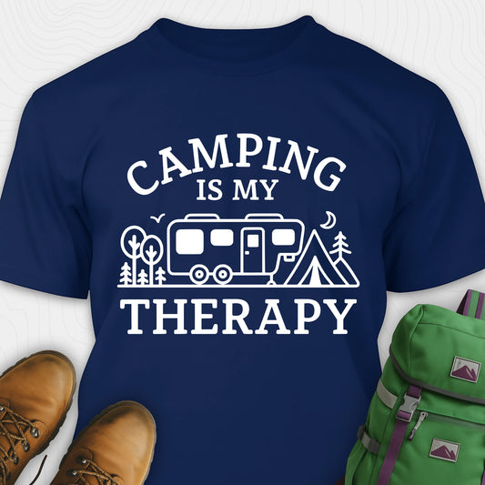 Navy camping is my therapy shirt with rv and tent design