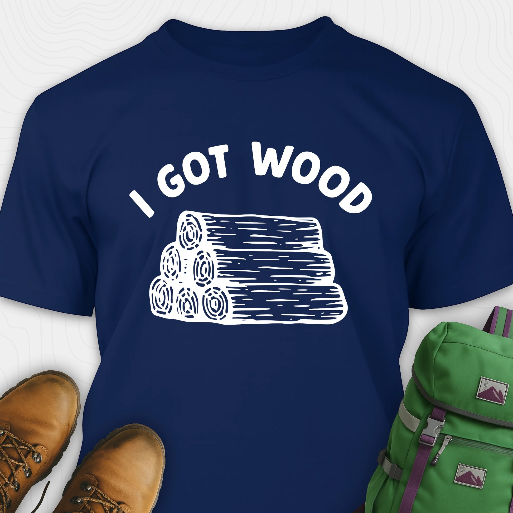 Navy I got wood shirt with stacked firewood graphic
