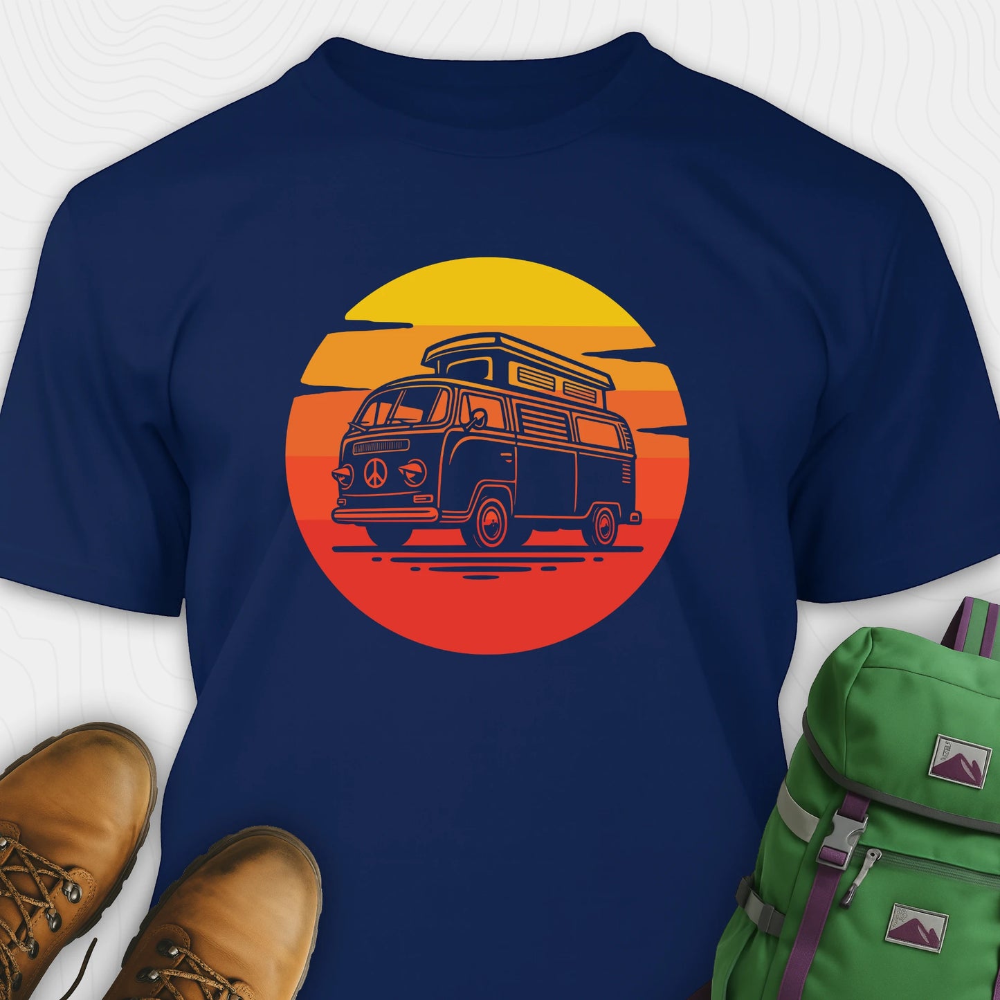 Navy camper shirt featuring vintage rv design with a warm sunset