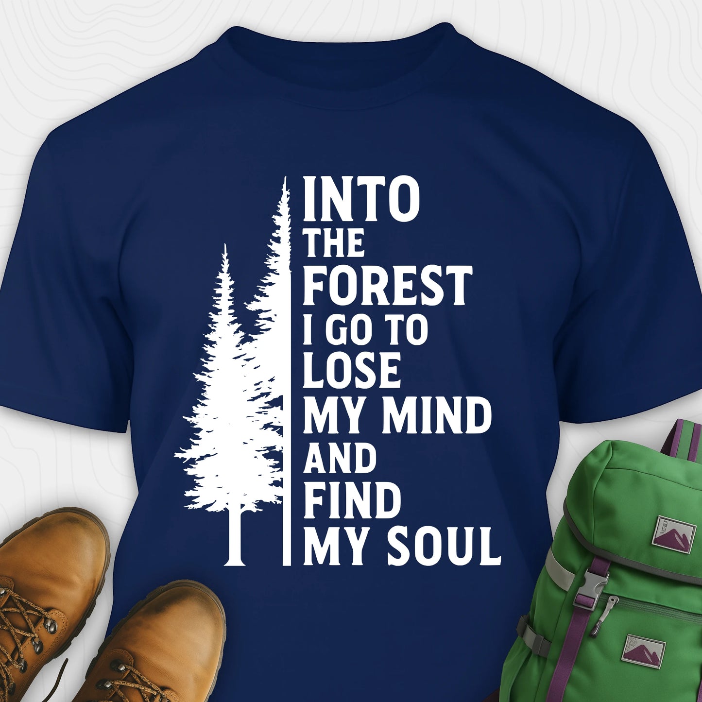 Navy into the forest I go t-shirt with white forest graphic and tall trees design