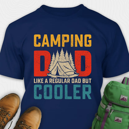 Navy camping dad shirt with retro tent and trees graphic