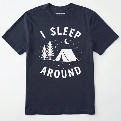 Navy i sleep around camping shirt with tent, pine trees, moon and stars design on a white background.