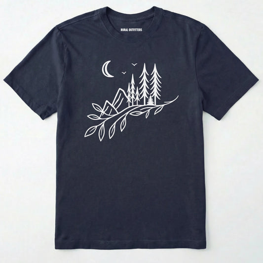 Navy nature graphic t-shirt showing mountains, pine trees, and moon line art on a white background.