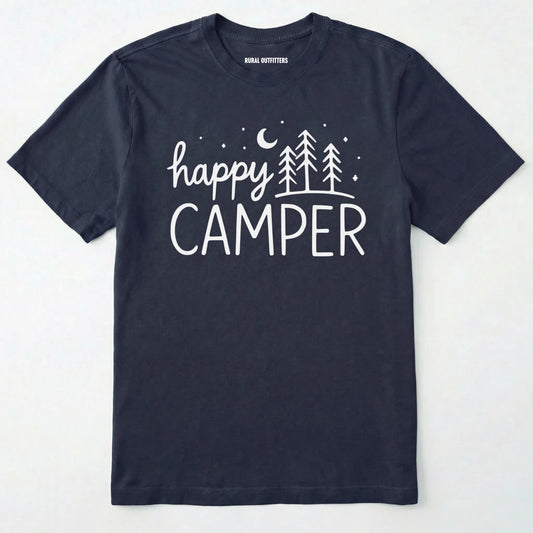 Navy happy camper shirt with 'HAPPY CAMPER' text and tree with moon and stars design on a white background.