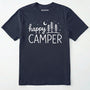 Navy happy camper shirt with 'happy camper' text and tree with moon and stars design on a white background.