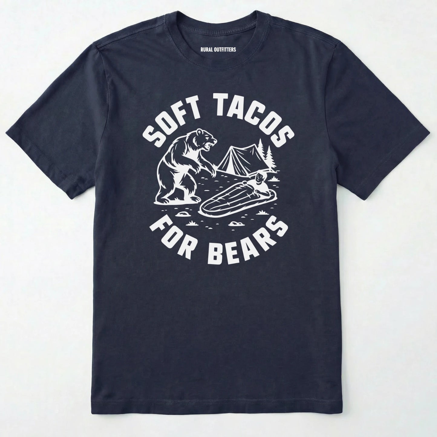 Navy funny bear shirt with bear graphic and text 'soft tacos for bears' on a white background.