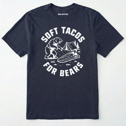 Navy funny bear shirt with bear graphic and text 'soft tacos for bears' on a white background.