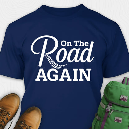 Navy road trip t-shirt with “on the road again” white text