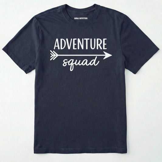 Navy adventure squad t-shirt with white arrow design on a white background.