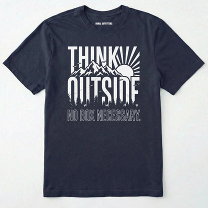 Navy t-shirt with 'think outside, no box necessary' graphic on a white background