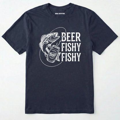 Navy t-shirt with white graphic and text 'beer fishy fishy' on a white background