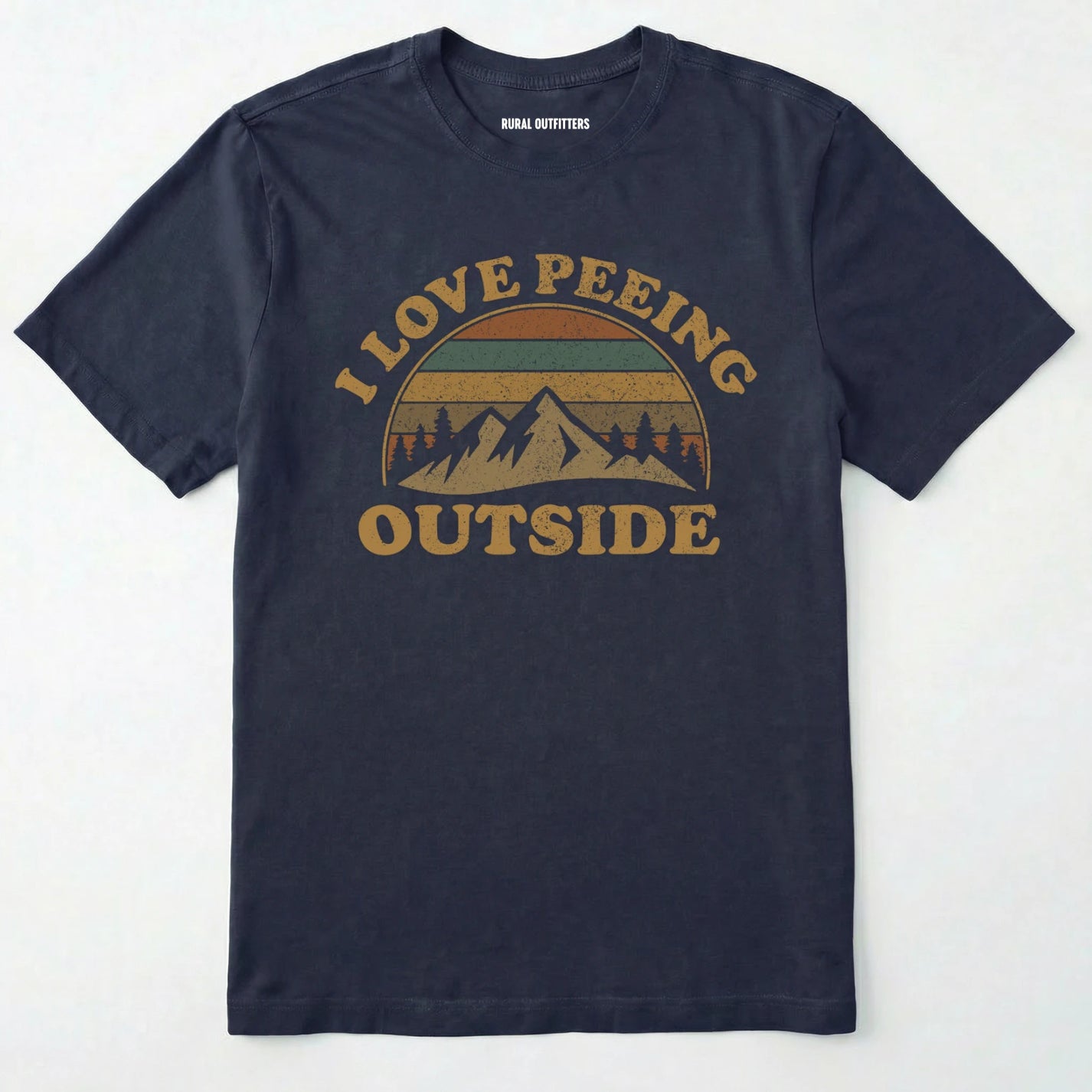Navy i love peeing outside shirt with a retro mountain graphic on a white background.