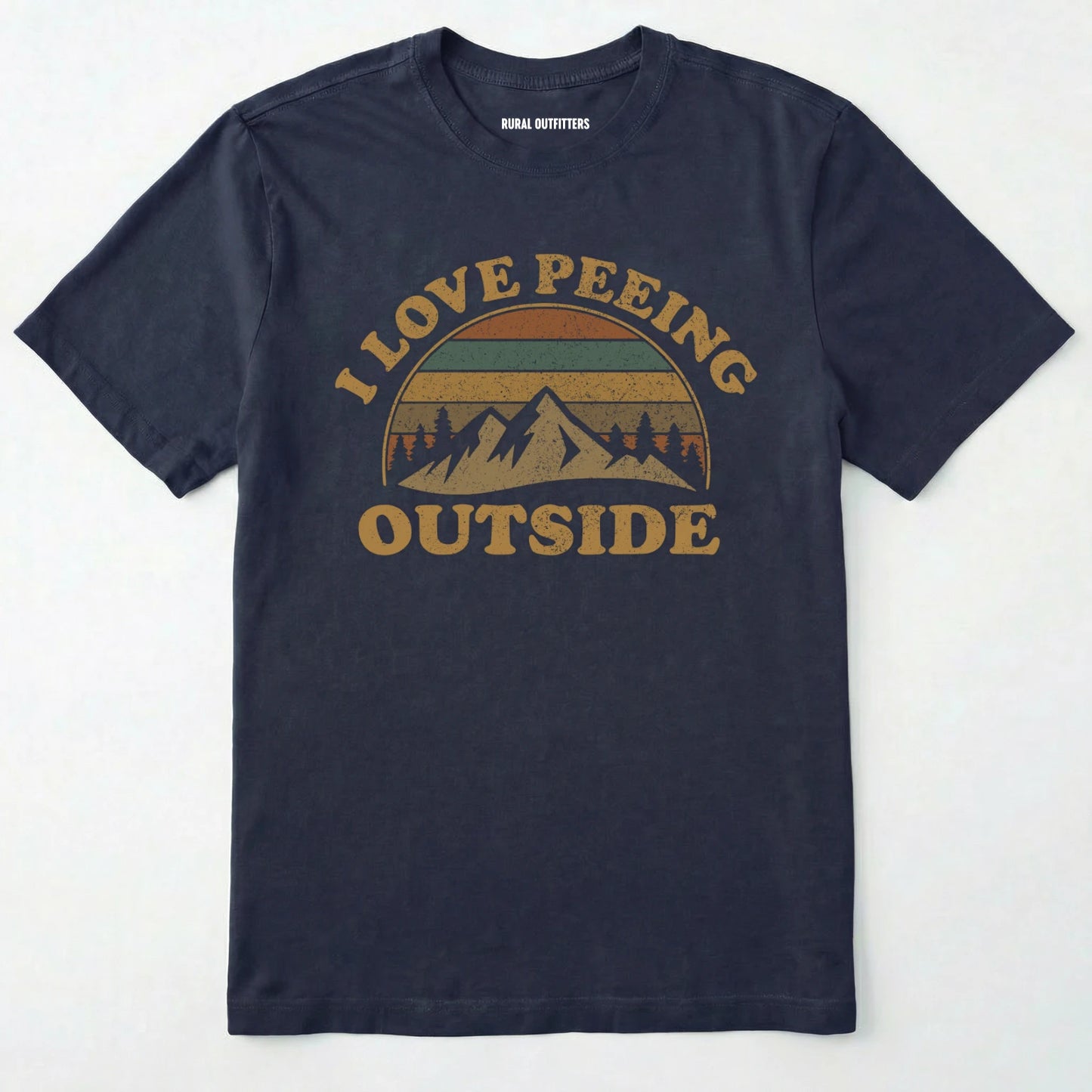 Navy i love peeing outside shirt with a retro mountain graphic on a white background.