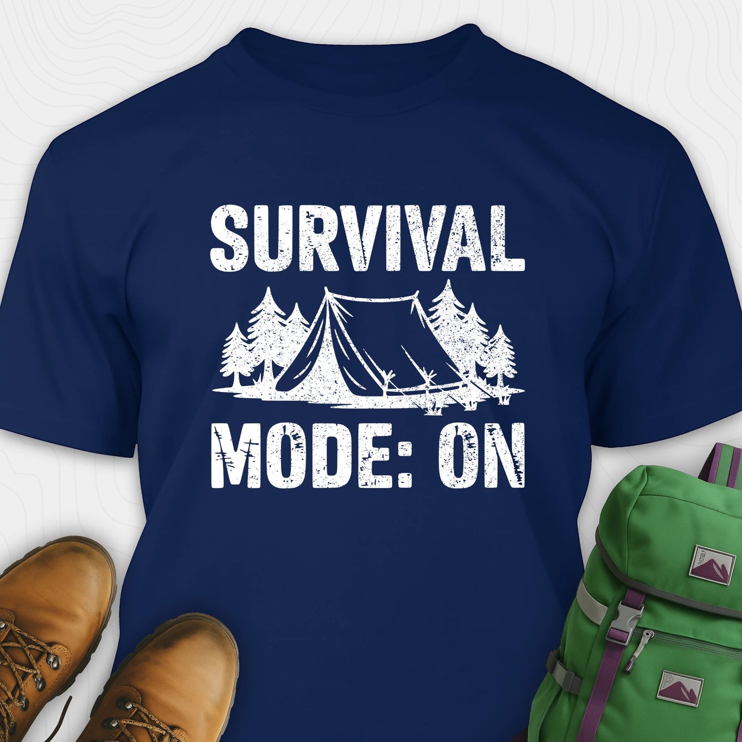Navy bushcraft shirt with survival mode on text, featuring tent and pine tree design