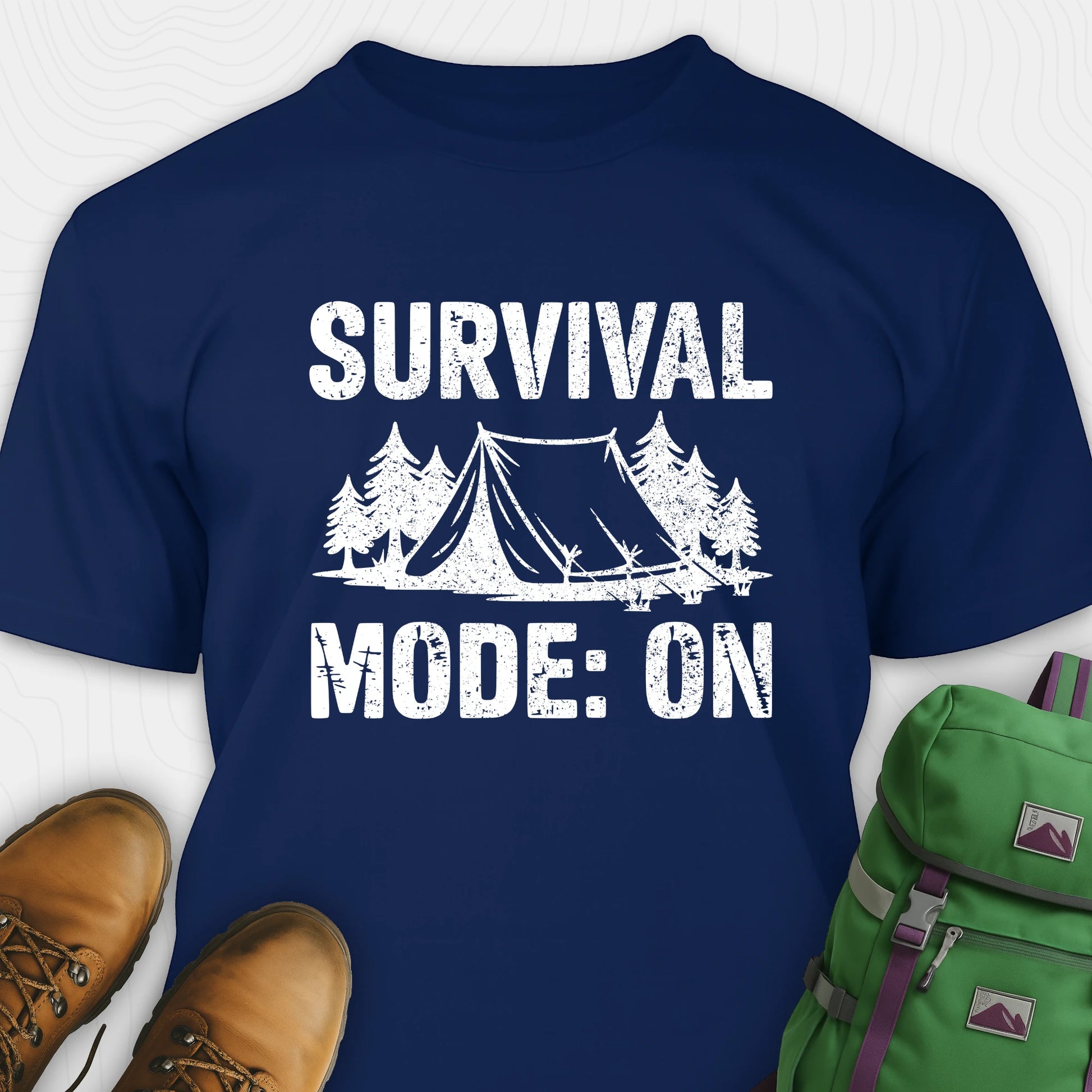 Navy bushcraft shirt with survival mode on text, featuring tent and pine tree design