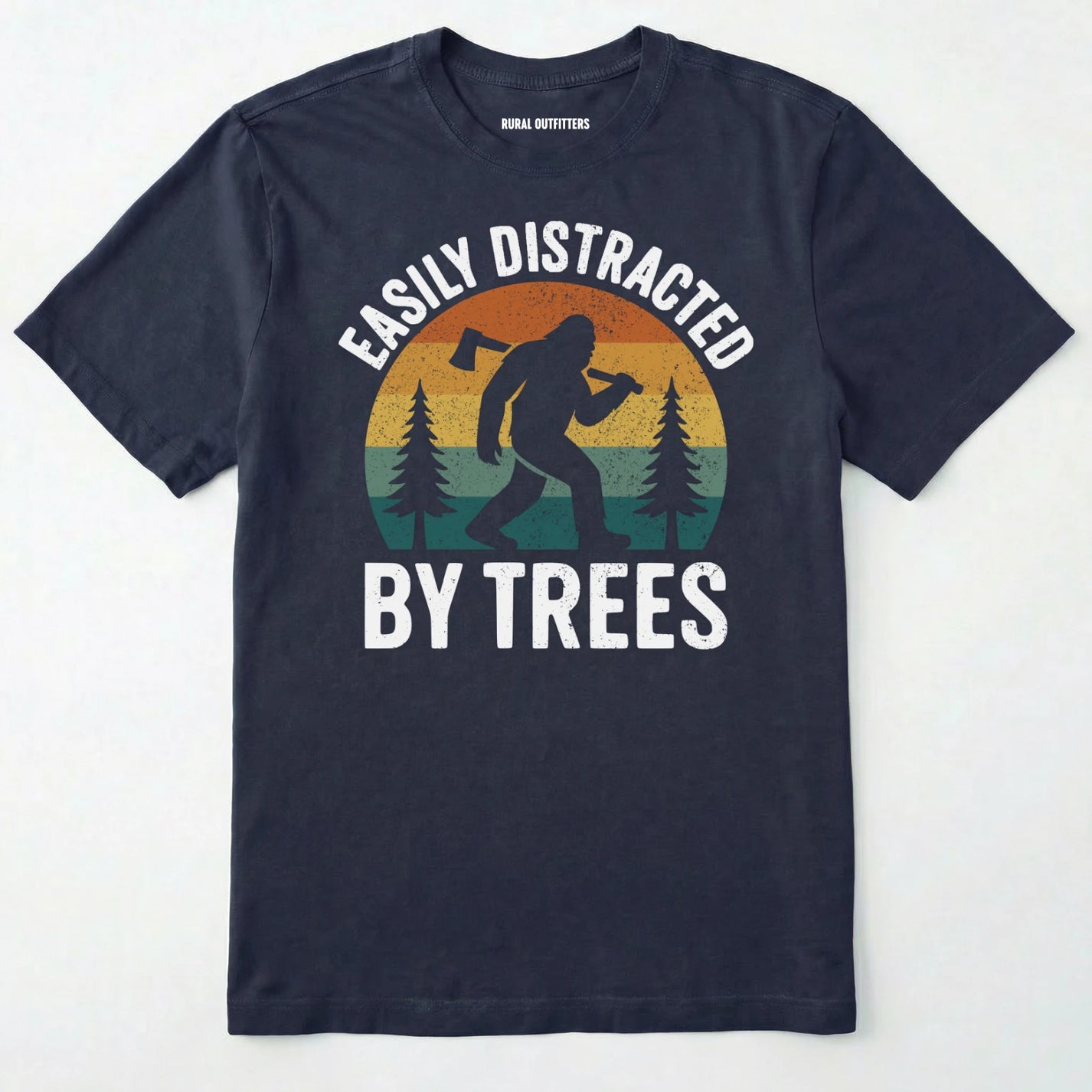 Navy funny sasquatch shirt featuring bigfoot silhouette and trees on a white background.