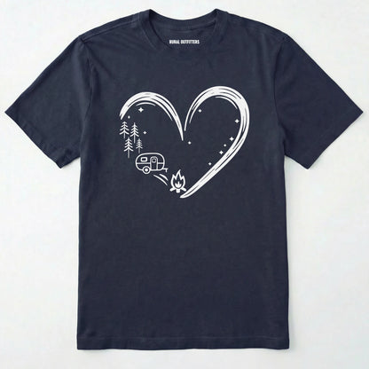 Navy i love camping shirt with a heart-shaped mountain and camper design on a white background.