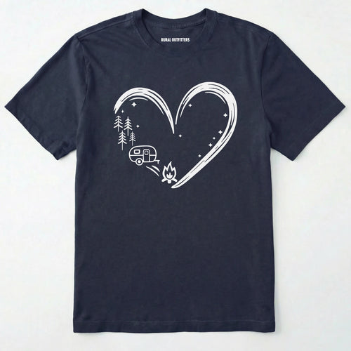 Navy I love camping shirt with a heart-shaped mountain and camper design on a white background.