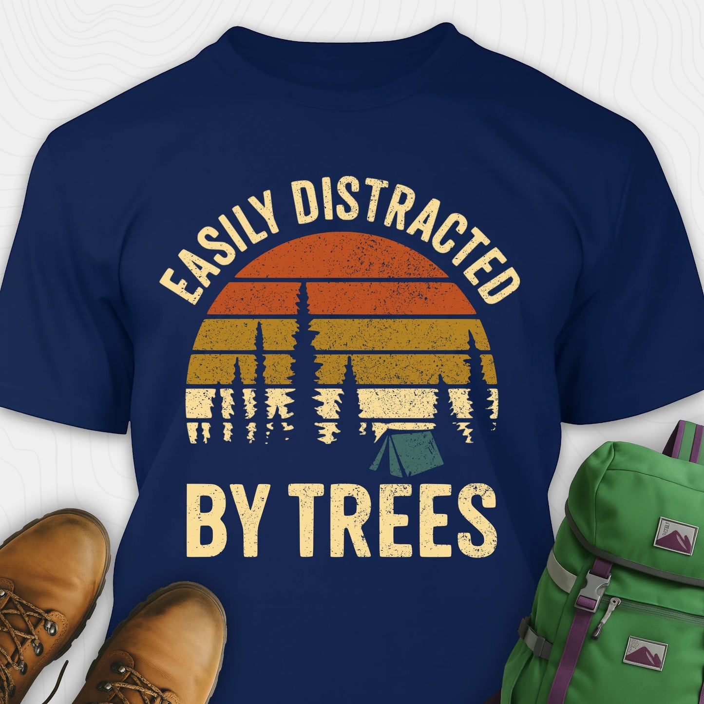 Navy funny tree shirt with "easily distracted by trees" text and retro sunset design