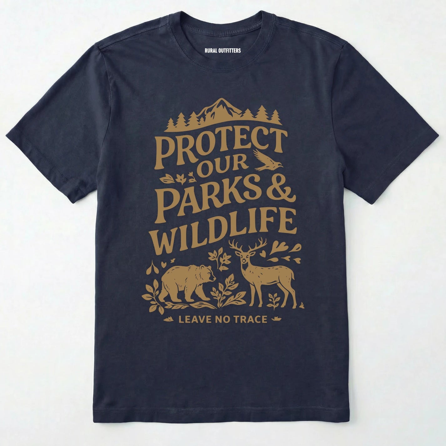 Navy t-shirt with gold graphic and text 'protect our parks & wildlife, leave no trace' on a white background.