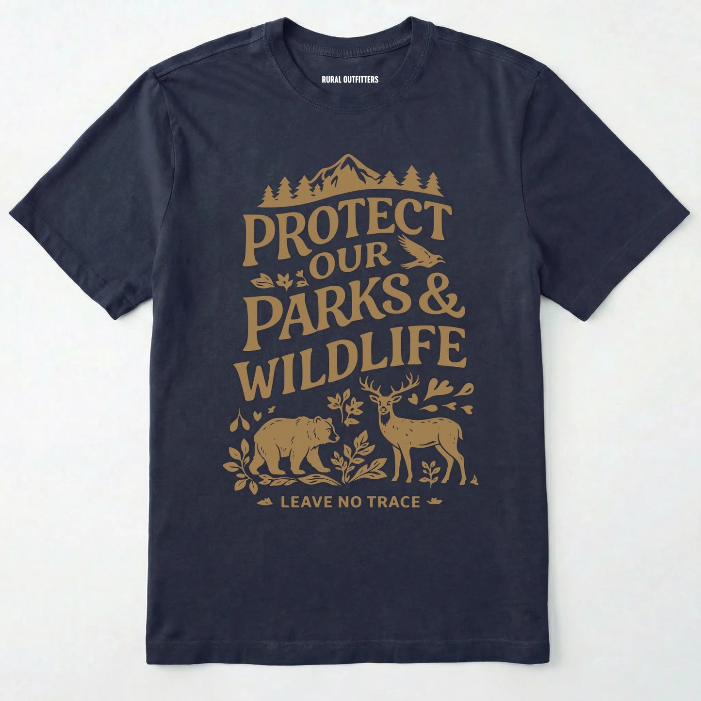 Navy t-shirt with gold graphic and text 'protect our parks & wildlife, leave no trace' on a white background.