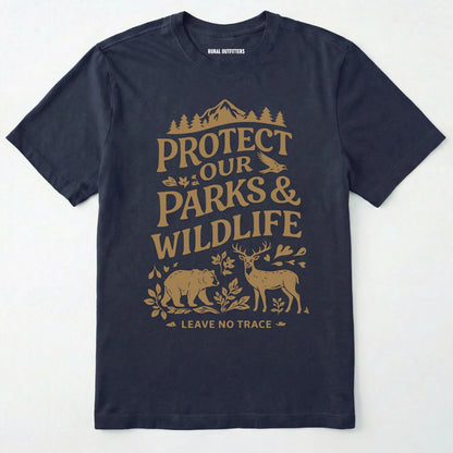 Navy t-shirt with gold graphic and text 'protect our parks & wildlife, leave no trace' on a white background.