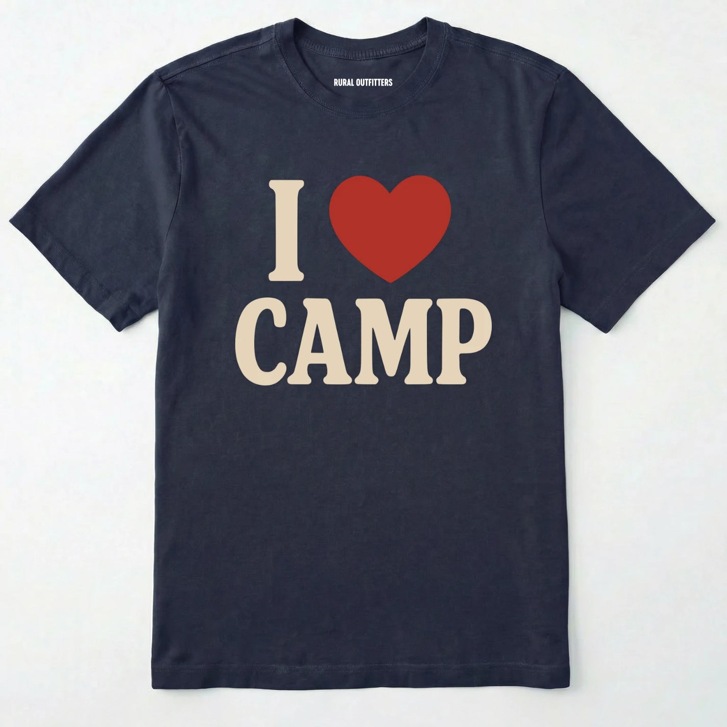 Navy i love camp t-shirt with bold text and heart design on a white background.