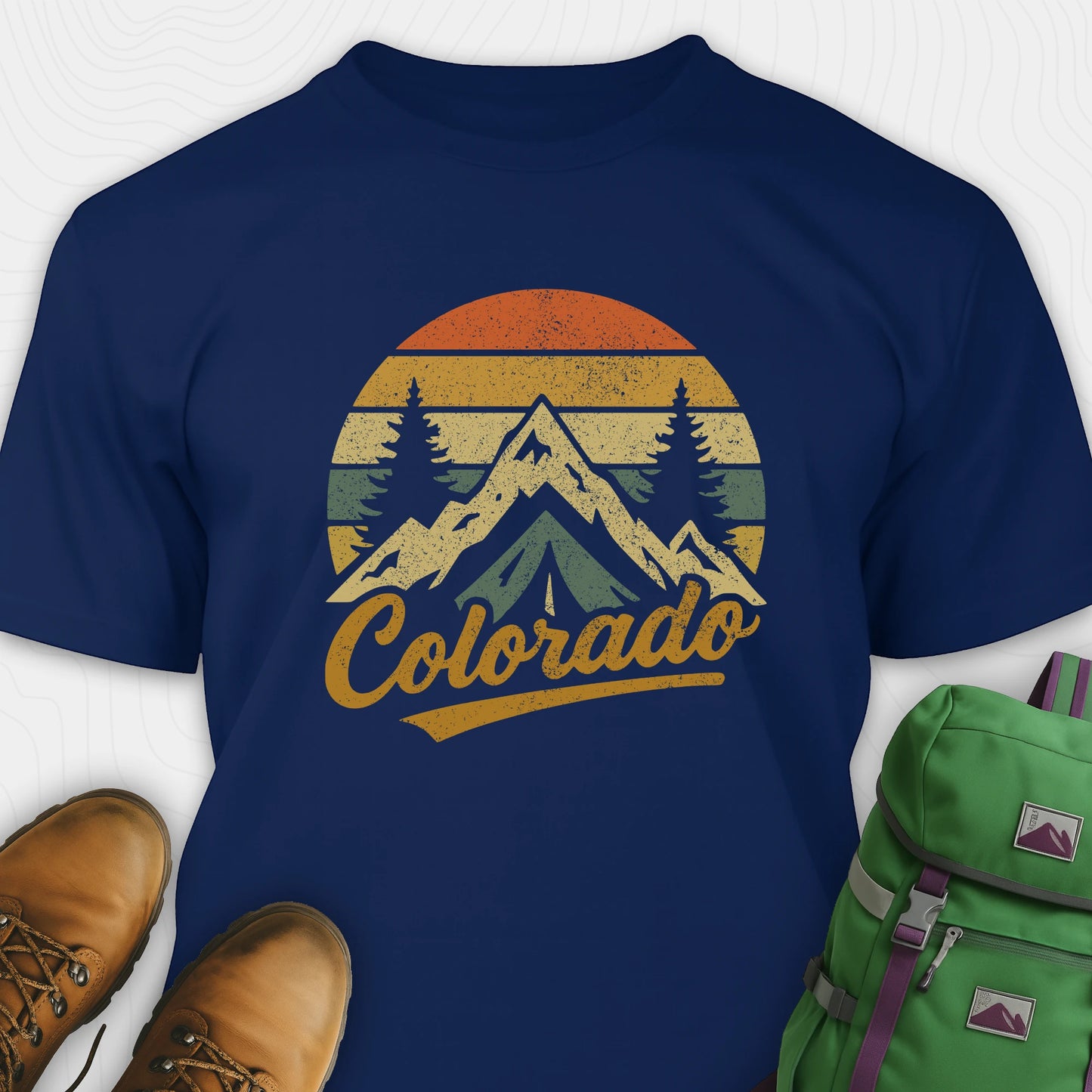 Navy colorado t-shirt with retro sunset and mountain design