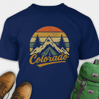 Navy colorado t-shirt with retro sunset and mountain design