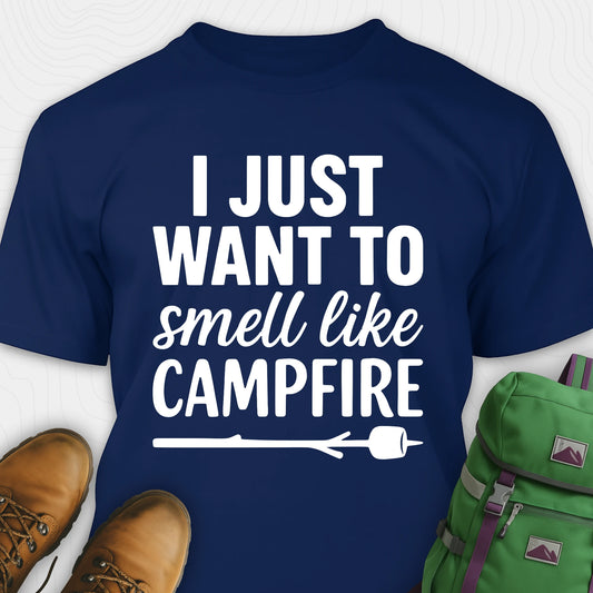 Navy I just want to smell like campfire t-shirt with a marshmallow on a stick graphic