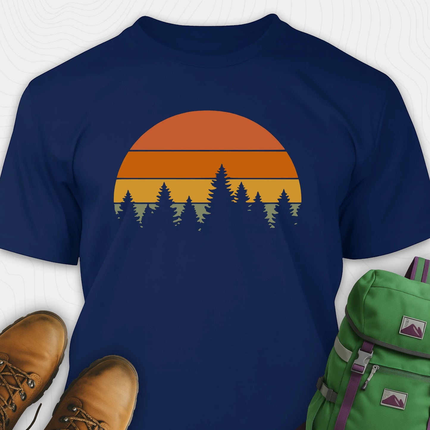 Navy vintage sunset t-shirt with retro forest silhouette graphic