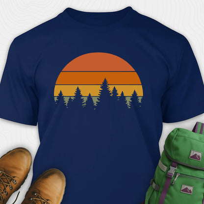Navy vintage sunset t-shirt with retro forest silhouette graphic