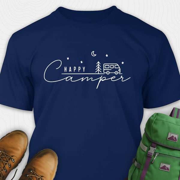 Navy happy camper tee with minimalist camper and night sky design
