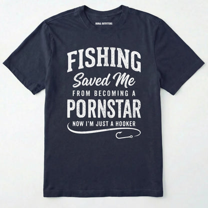Navy t-shirt with white text on a light grey background