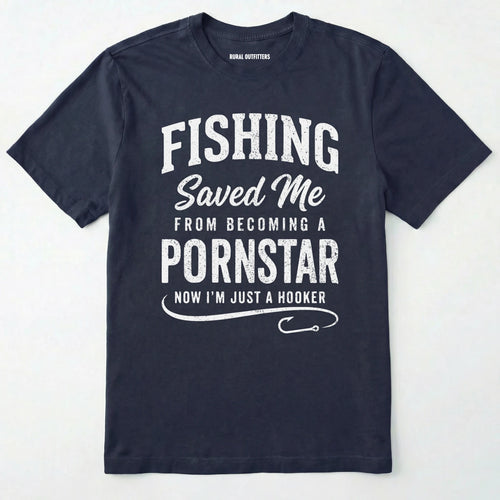 Navy t-shirt with white text on a light grey background