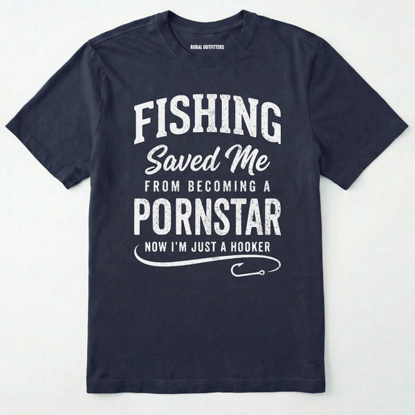 Navy t-shirt with white text on a light grey background