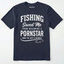 Navy t-shirt with white text on a light grey background