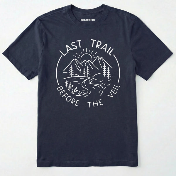 Navy nature-themed last trail before the veil shirt with line-art mountain scene on a white background.