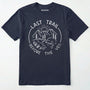 Navy nature-themed last trail before the veil shirt with line-art mountain scene on a white background.