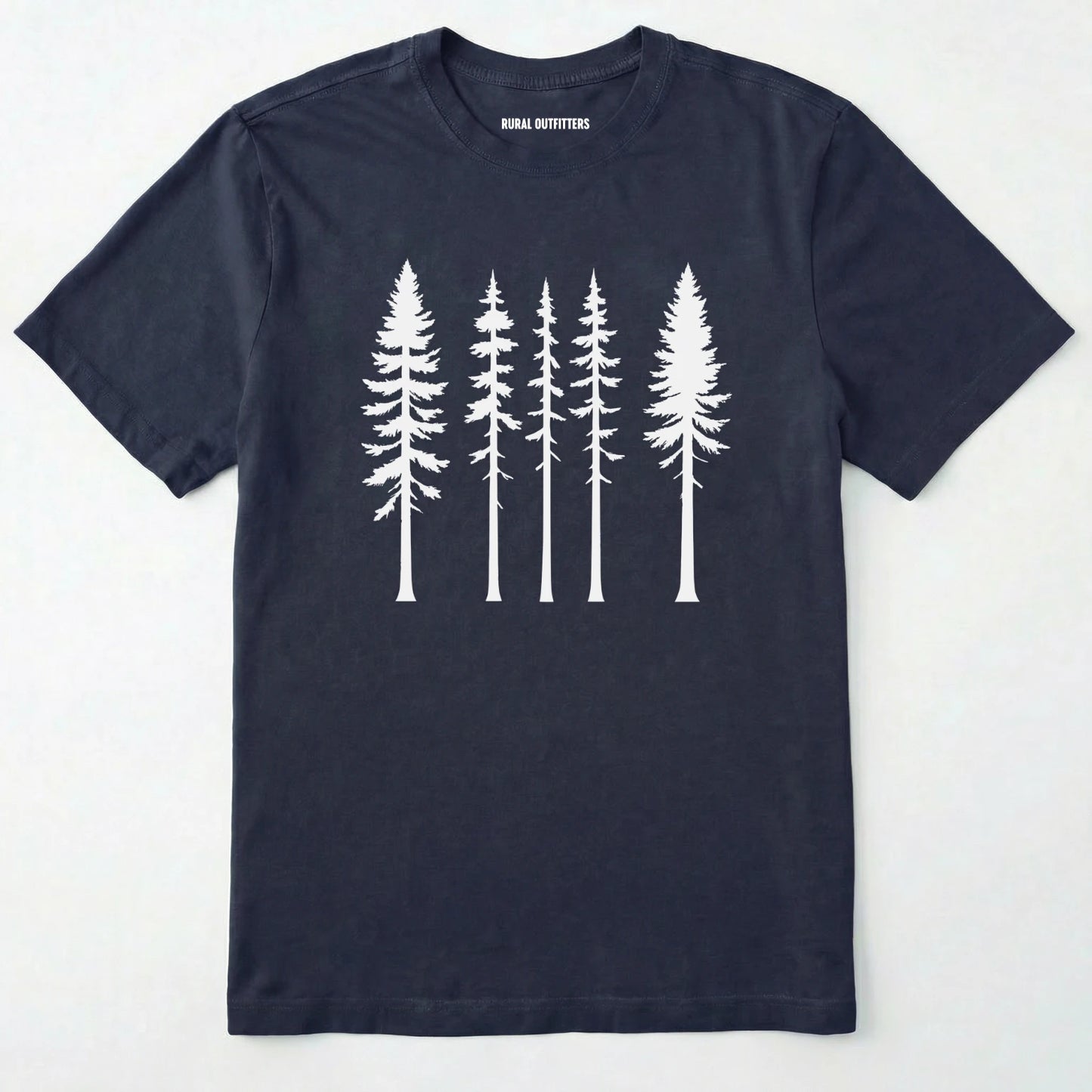 Navy pine t-shirt with minimalist white tree silhouettes on a white background.