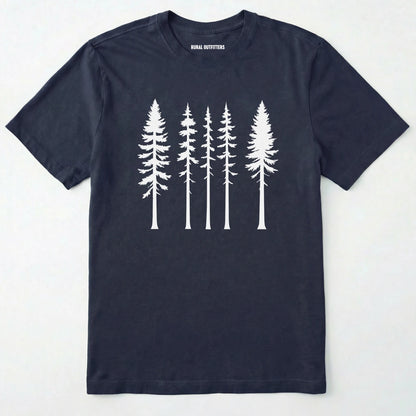 Navy pine t-shirt with minimalist white tree silhouettes on a white background.