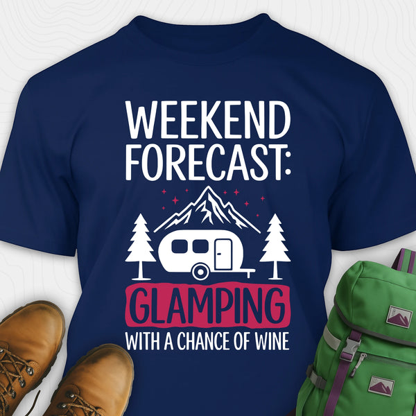 Navy glamping shirt with camping trailer and forest illustration