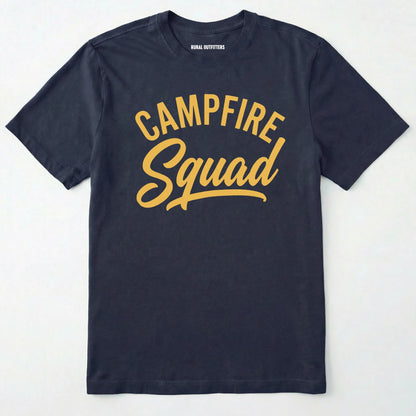 Navy t-shirt with 'campfire squad' text in yellow on a white background