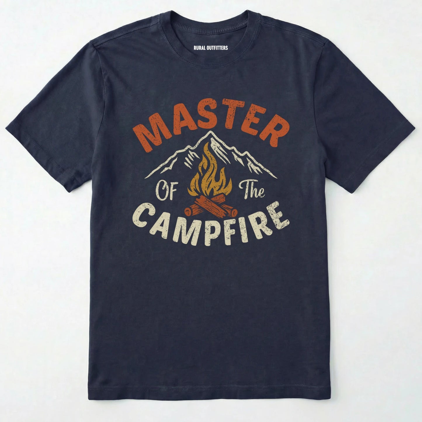 Navy fire starter shirt with retro campfire and mountain graphic, featuring "master of the campfire" text on a white background.