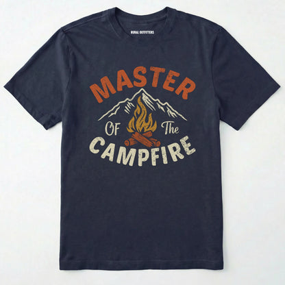 Navy fire starter shirt with retro campfire and mountain graphic, featuring "master of the campfire" text on a white background.